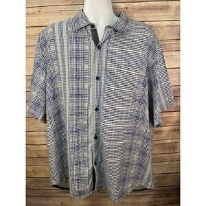 Tommy Bahama Silk Shirt 2XL Blue White Textured Stripe Short Sleeve Island Style